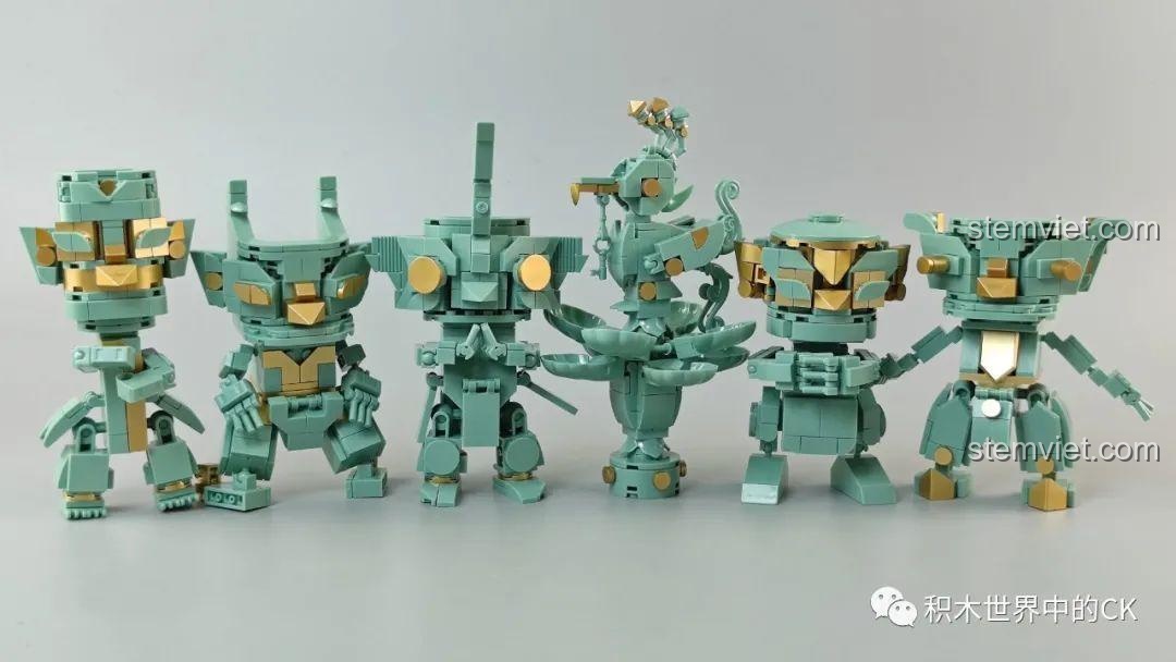 Toàn bộ 6 mô hình bộ lắp ráp Sembo 601167 Người Cổ Thục Sanxingdui đã hoàn thành, trưng bày cùng nhau.