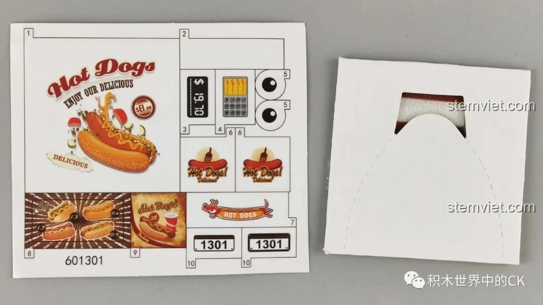 Cận cảnh các chi tiết decal của bộ SEMBO 601301 Xe Bán Hot Dog Lưu Động, với hình ảnh hot dog hấp dẫn. Đánh giá SEMBO 601301 Xe bán hot dog.