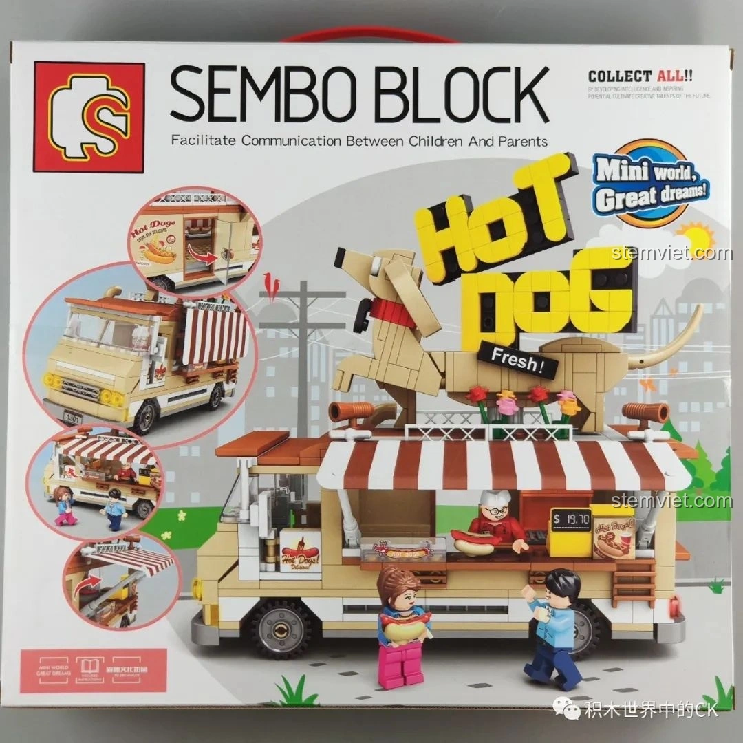 Mặt sau hộp đồ chơi SEMBO 601301 Xe Bán Hot Dog Lưu Động, với nhiều góc nhìn khác nhau của mô hình. Cảm nhận SEMBO 601301 Xe tải thực phẩm.