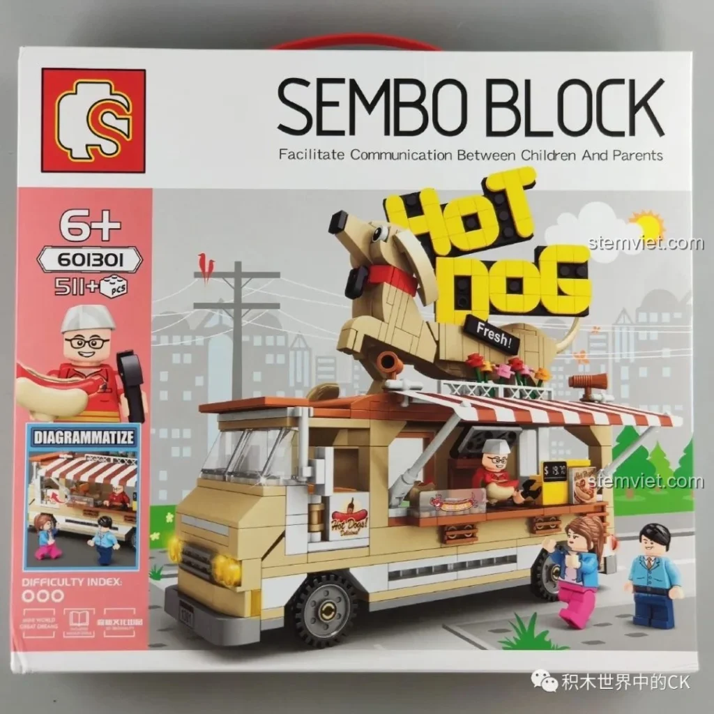 Hộp đồ chơi lắp ráp SEMBO 601301 Xe Bán Hot Dog Lưu Động mặt trước, hiển thị rõ mô hình và thông tin sản phẩm. Đánh giá SEMBO 601301 Xe bán hot dog.