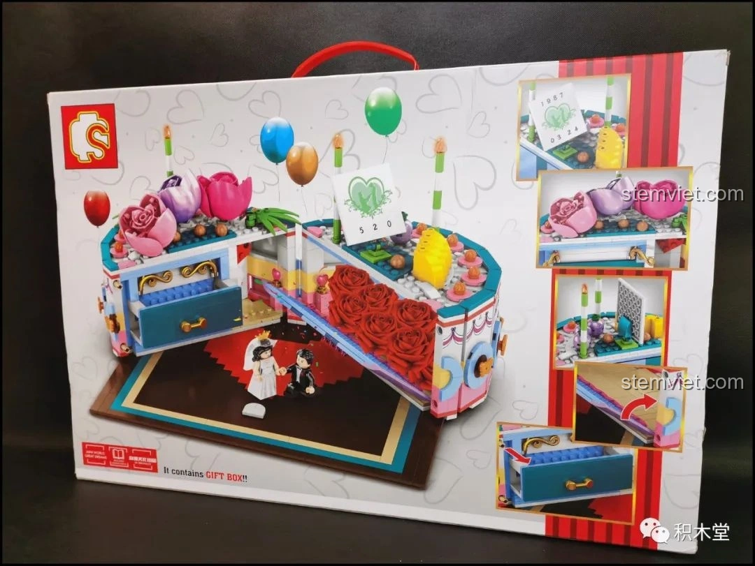 Mặt sau hộp đồ chơi lắp ráp Sembo 601400 Bánh Kem Hộp Quà, thể hiện các tính năng mở và ngăn kéo bí mật