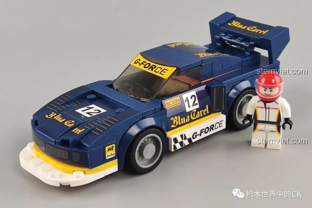 Mô hình xe đua SEMBO 607062 màu xanh đã lắp ráp hoàn chỉnh cùng minifigure tay đua.