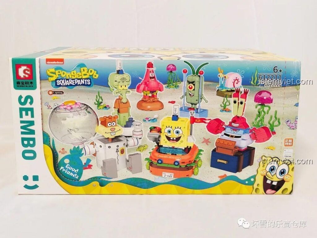 Hộp bộ lắp ráp Sembo 612211 Gia đình SpongeBob với hình ảnh các nhân vật và logo Sembo Block.