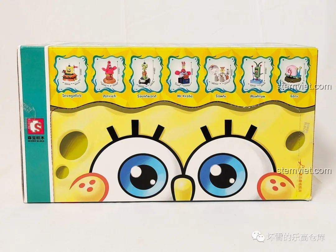 Mặt trên hộp bộ lắp ráp Sembo 612211 Gia đình SpongeBob với khuôn mặt SpongeBob và kích thước nhân vật.