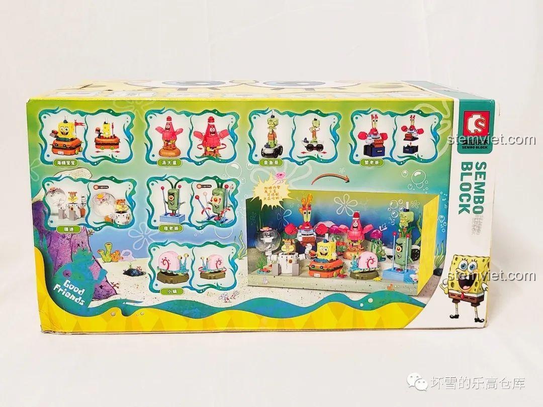 Mặt sau hộp bộ lắp ráp Sembo 612211 Gia đình SpongeBob, hiển thị các nhân vật và cách trưng bày.