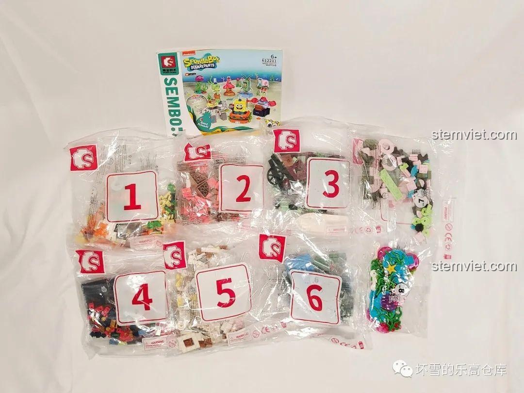 Các túi linh kiện được đánh số trong bộ lắp ráp Sembo 612211 Gia đình SpongeBob.