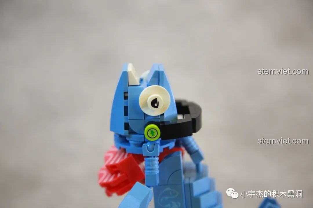 Cận cảnh mắt của đồ chơi lắp ráp SEMBO 613101 Cá Hồi Biết Đi, với biểu cảm ngộ nghĩnh.