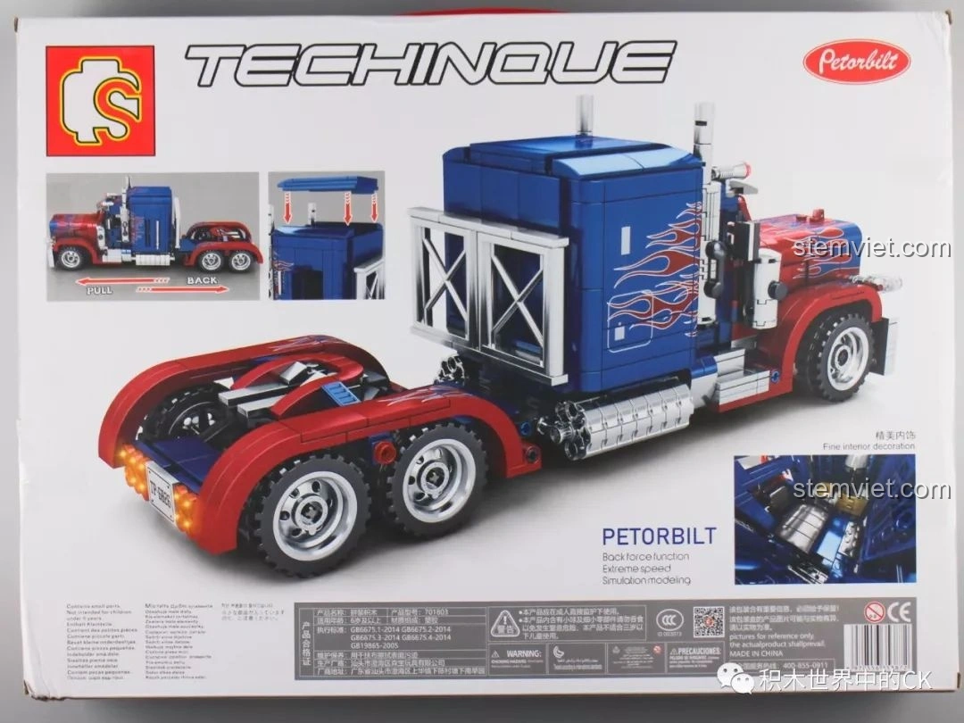 Mặt sau hộp đồ chơi lắp ráp SEMBO 701803 Xe Tải Peterbilt 389, hiển thị các tính năng kéo lùi và chi tiết mô hình.