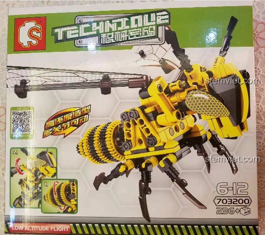 Hộp bên ngoài của bộ lắp ghép Sembo 703200 Mô hình Ong Vàng Cơ Khí, thiết kế tương tự chuồn chuồn đỏ.