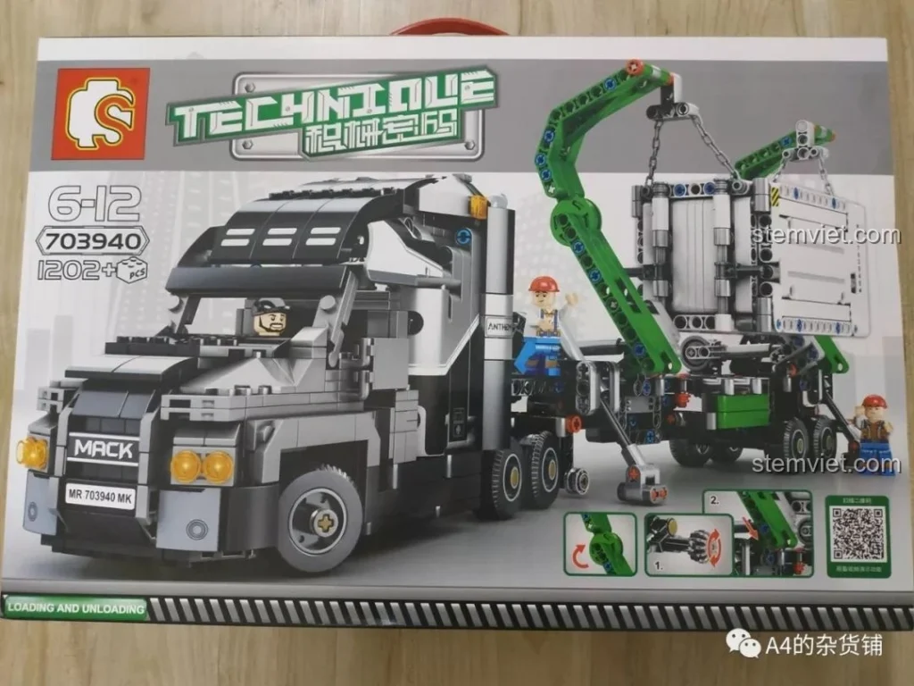 Hộp đồ chơi lắp ráp Xe Tải Container Cơ Khí SEMBO 703940 với hình ảnh xe tải MACK hoành tráng và cần cẩu container.
