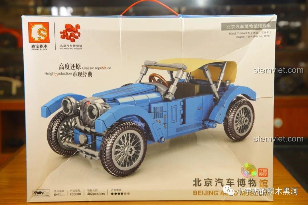 Mặt trước hộp đồ chơi lắp ráp SEMBO 705600 Xe Cổ Bugatti T38A, thể hiện hình ảnh mô hình hoàn chỉnh màu xanh dương cổ điển.