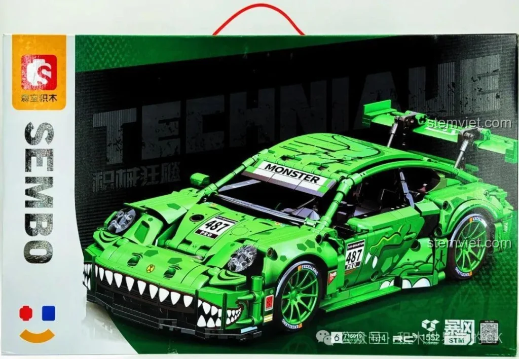 Hộp bộ lắp ráp Sembo 715019 Xe Porsche Bá Vương Long Điều Khiển Từ Xa màu xanh lá nổi bật, thiết kế hầm hố.