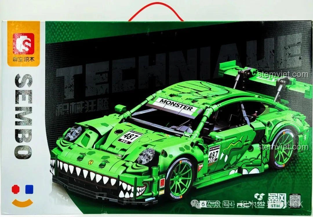 Hộp bộ lắp ráp Sembo 715019 Xe Porsche Bá Vương Long Điều Khiển Từ Xa màu xanh lá nổi bật, thiết kế hầm hố.