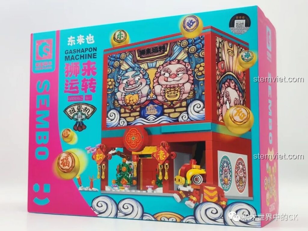Review Sembo Block 608062 Máy Gashapon Sư Tử May Mắn Đông Lai Dã: Hộp sản phẩm với hình ảnh máy gashapon rực rỡ, thu hút mọi ánh nhìn.