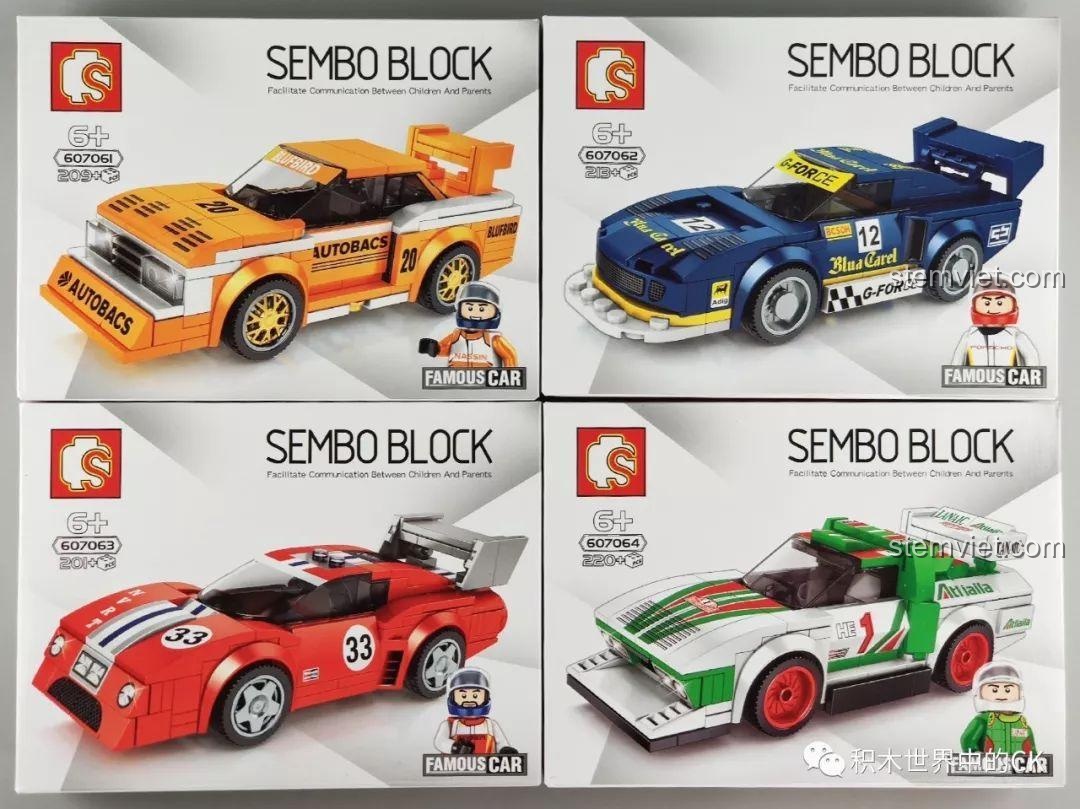 Bộ 4 hộp đồ chơi lắp ráp xe đua SEMBO Famous Car Series 607061-607064, mỗi hộp có hình ảnh xe và minifigure.