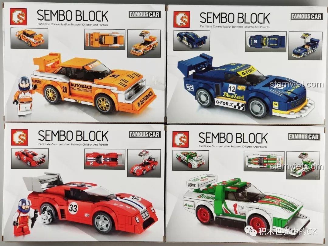 Mặt sau hộp đồ chơi lắp ráp xe đua SEMBO Famous Car Series 607061-607064, hiển thị các góc nhìn khác của mô hình.