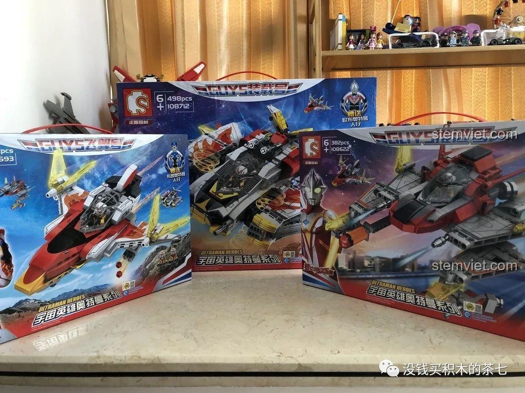 Bộ 3 hộp đồ chơi lắp ráp Sembo 108593, 108622, 108712 máy bay chiến đấu Ultraman Mebius GUYS