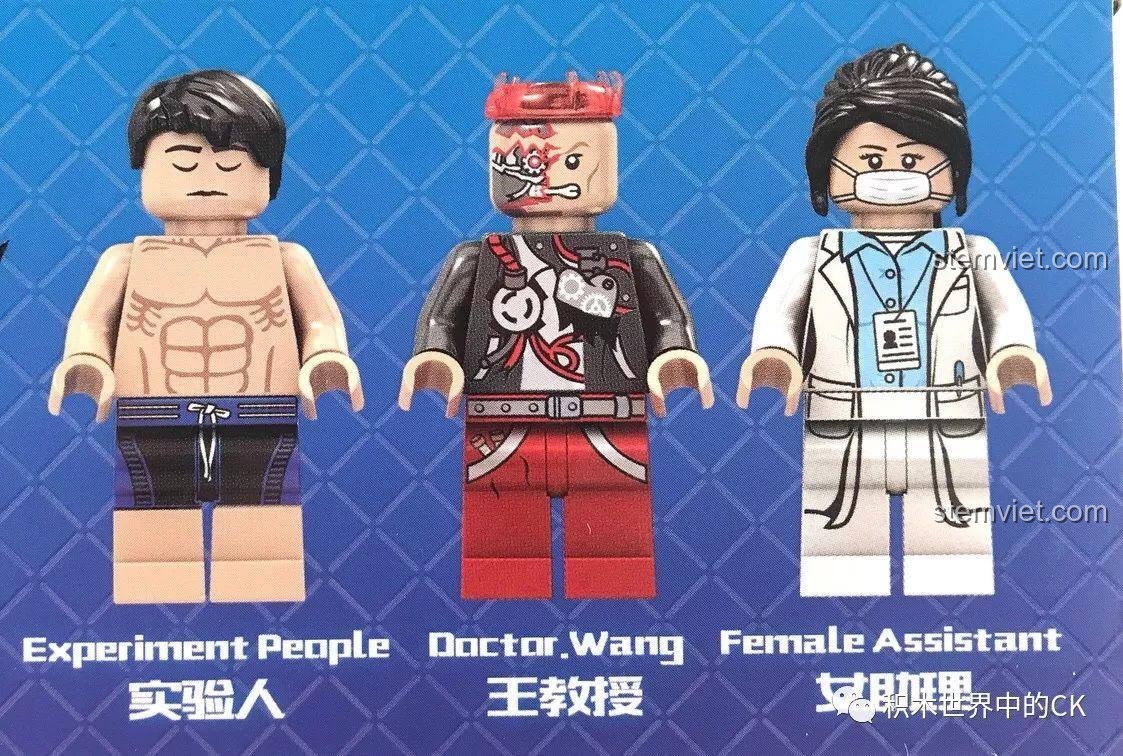 Ba nhân vật minifigure trong bộ Sembo SD9606: Giáo sư Vương, Nữ trợ lý, Người thí nghiệm, chi tiết sắc nét.