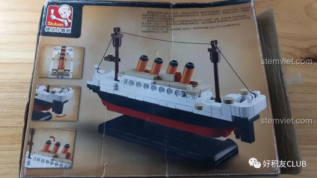 Mặt sau hộp Sluban M38-B0576 mô hình tàu Titanic, cung cấp thông tin lịch sử và hướng dẫn lắp ráp cơ bản.