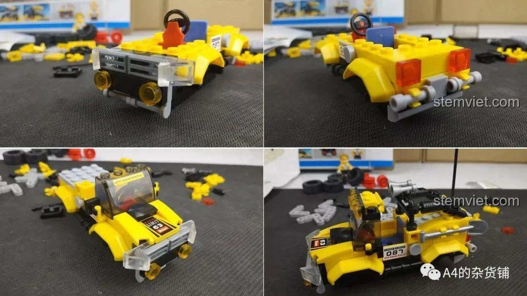 Các giai đoạn lắp ráp xe địa hình Sluban M38-B0663A Conqueror, từ phần đầu đến phần đuôi xe, cho thấy quy trình lắp ráp tuần tự và chi tiết.