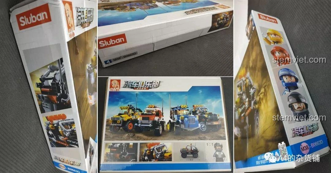 Toàn bộ linh kiện bên trong hộp đồ chơi lắp ráp Sluban M38-B0663D Xe Địa Hình Explorer, bao gồm các túi mảnh ghép, tờ sticker và sách hướng dẫn.