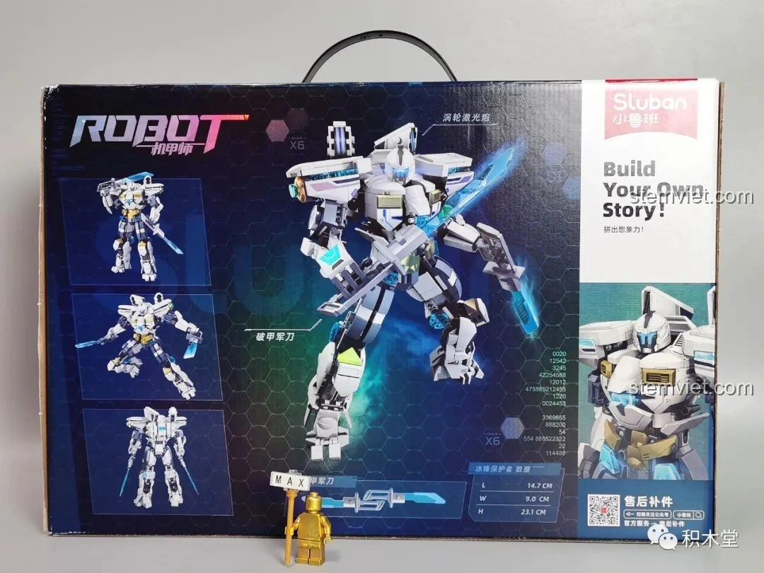 Mặt sau hộp bộ lắp ghép Sluban M38-B1151 Robot Băng Phong Bảo Vệ hiển thị các tư thế và thông số kỹ thuật.