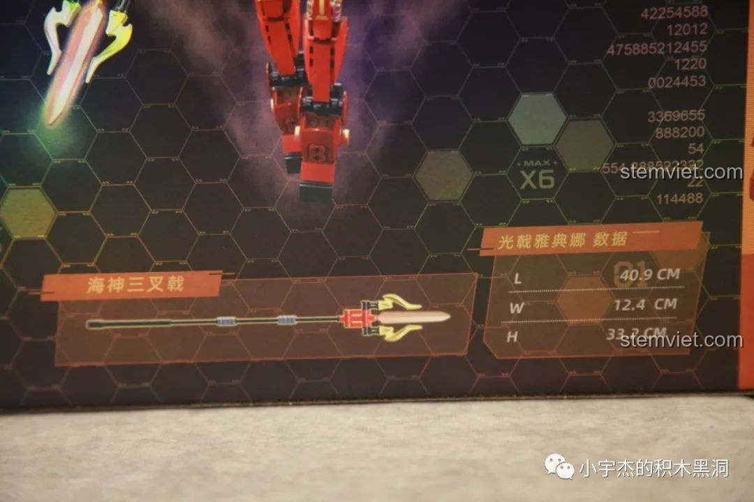 Cận cảnh thông tin kích thước của mô hình Robot Cơ Giáp Quang Kích Athena hoàn chỉnh trên hộp sản phẩm Sluban M38-B1152.