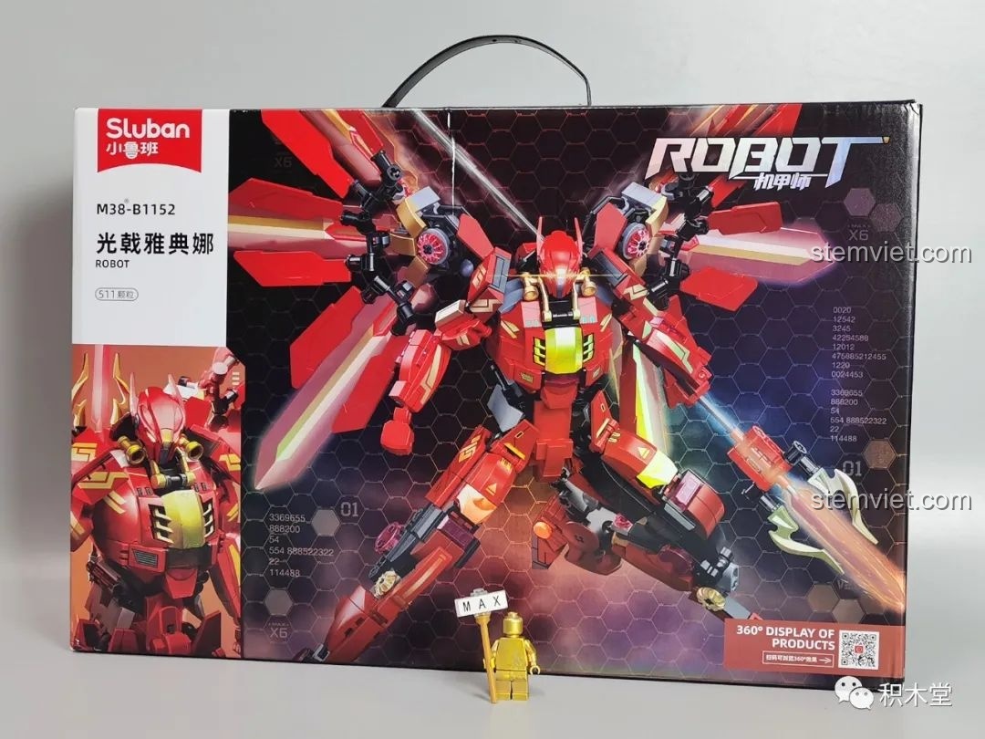 Hộp sản phẩm của bộ lắp ráp Sluban M38-B1152 Robot Cơ Giáp Quang Kích Athena với hình ảnh robot hoành tráng và thông tin chi tiết.