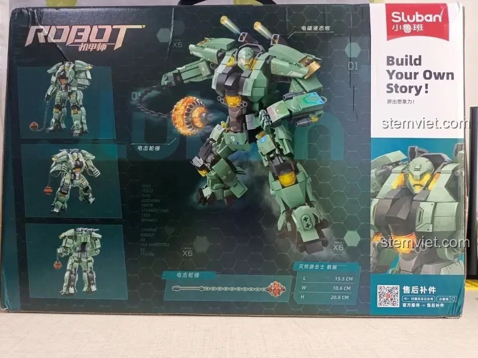 Mặt sau hộp bộ lắp ráp Sluban M38-B1153 Robot Diệt Tận Thế hiển thị các tư thế và thông số kỹ thuật.