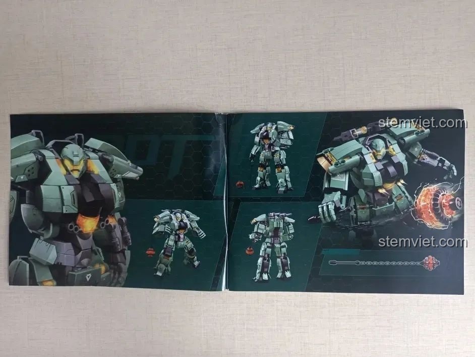 Trang bên trong sách hướng dẫn Sluban M38-B1153 Robot Diệt Tận Thế hiển thị chi tiết và tư thế robot.