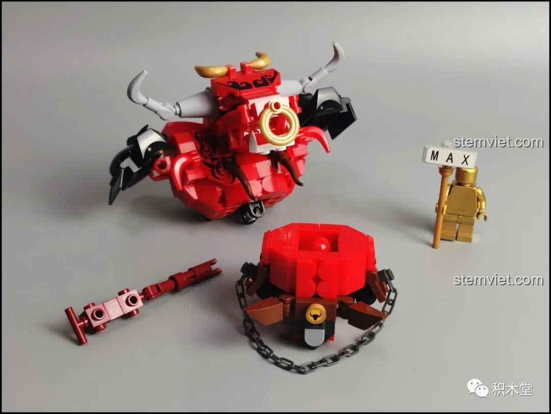 Các bộ phận chính của mô hình Robot Ngưu Ma Vương Sluban M38-B1008 bao gồm đầu, thân và vũ khí.