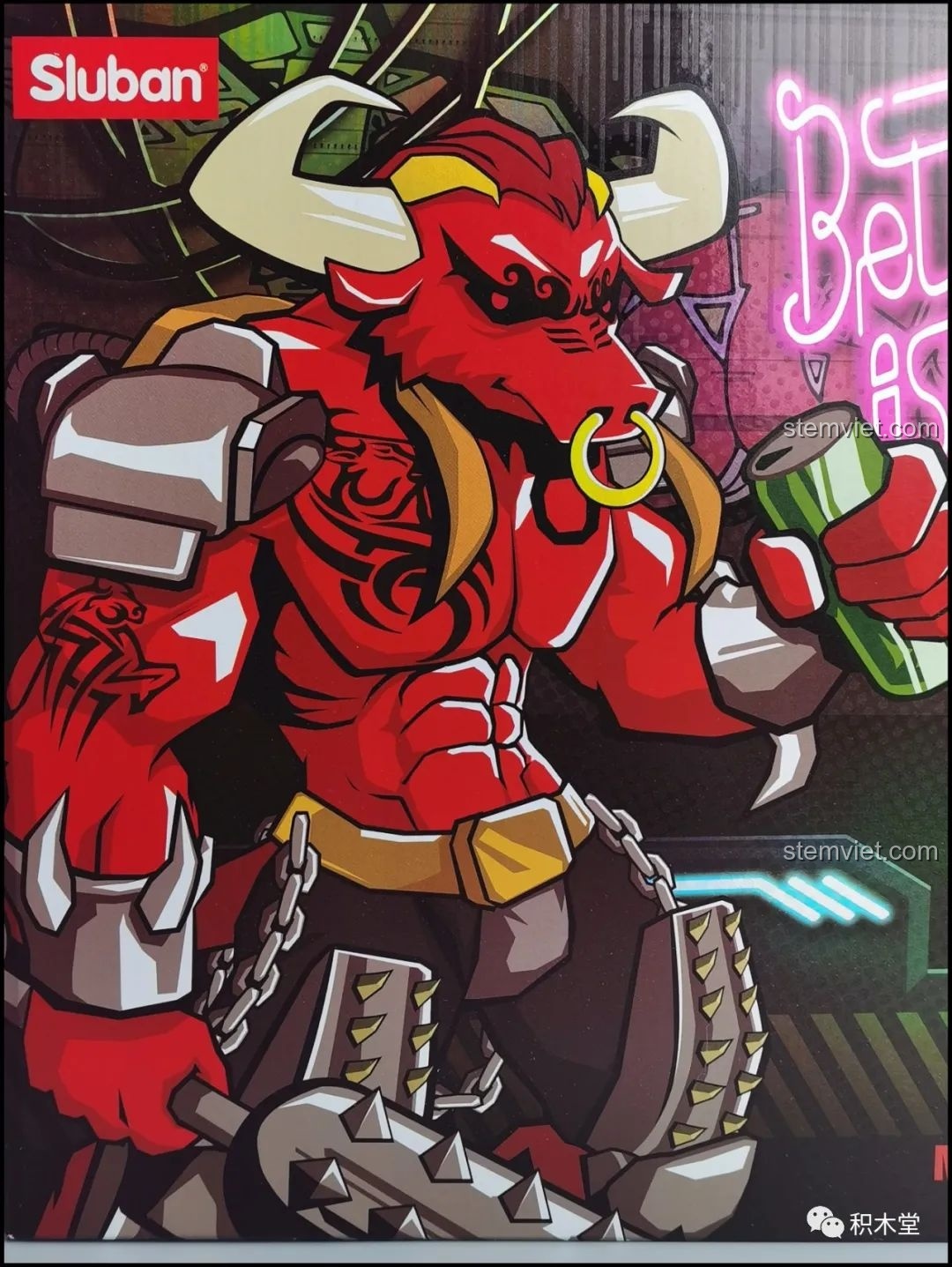 Hình ảnh minh họa Ngưu Ma Vương phiên bản robot cơ khí trên hộp bộ lắp ghép Sluban M38-B1008, đầy mạnh mẽ và cá tính.