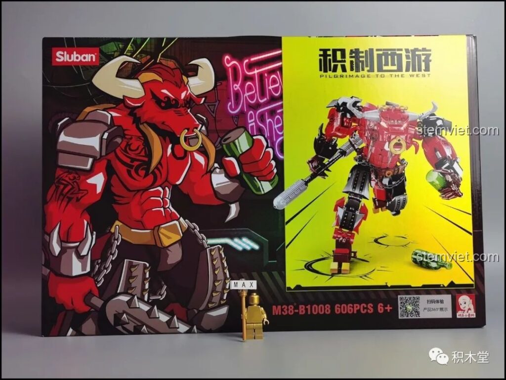 Hộp sản phẩm bộ lắp ghép Sluban M38-B1008 Robot Ngưu Ma Vương với hình ảnh minh họa mạnh mẽ và mô hình thực tế.