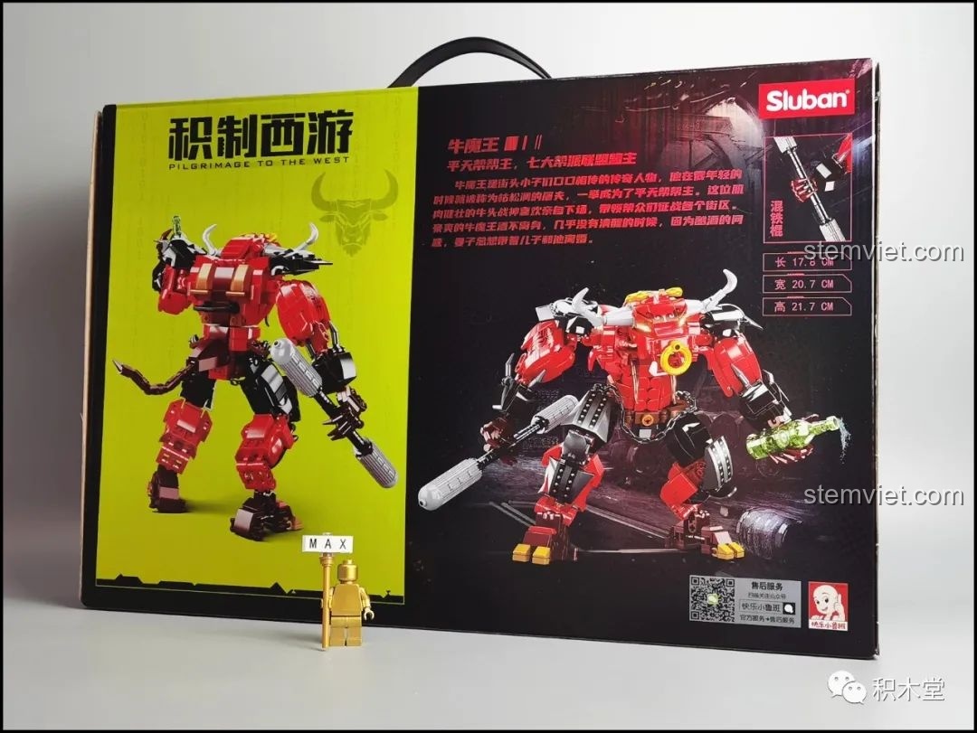 Mặt sau hộp bộ lắp ghép Sluban M38-B1008 Robot Ngưu Ma Vương hiển thị thông số kích thước và cốt truyện.