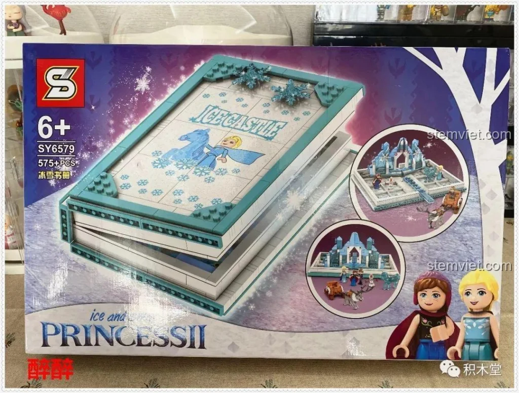 Hộp đồ chơi lắp ráp SY6579 Sách Lâu Đài Băng Giá Công Chúa Tuyết II, mặt trước với hình ảnh sản phẩm và nhân vật Elsa.