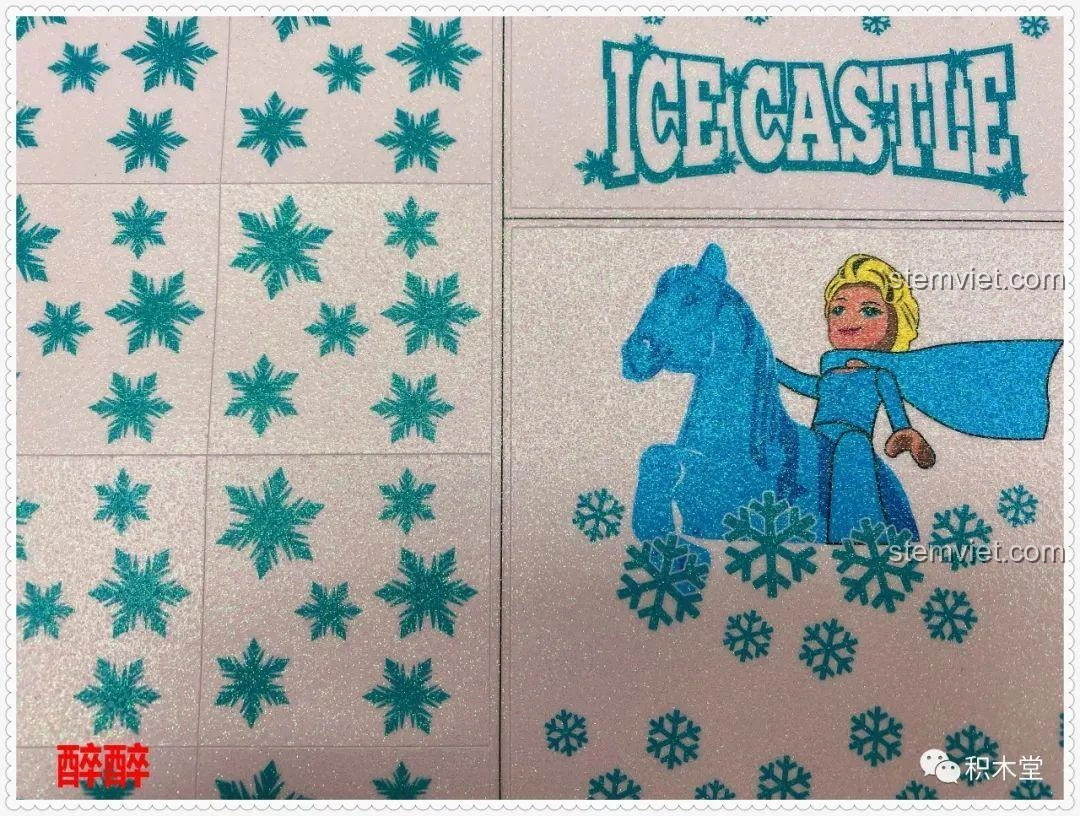 Cận cảnh tờ sticker của bộ lắp ráp SY6579 Sách Lâu Đài Băng Giá, với các hình bông tuyết và nhân vật Elsa.