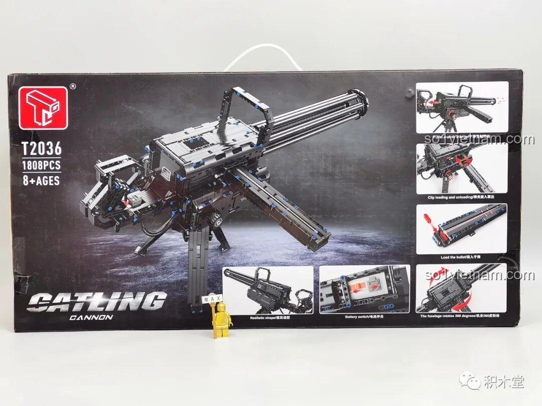 Mặt sau hộp đồ chơi lắp ráp Súng Gatling Taigao Le T2036, hiển thị các tính năng và cách chơi của mô hình súng máy Gatling.