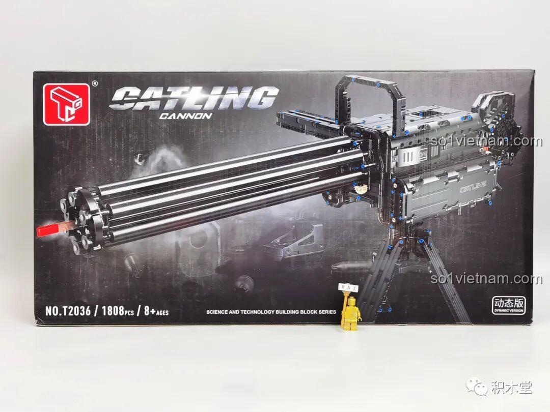 Mặt trước hộp đồ chơi lắp ráp Súng Gatling Taigao Le T2036, hiển thị hình ảnh sản phẩm, mã số T2036, 1808 chi tiết và độ tuổi 8+.