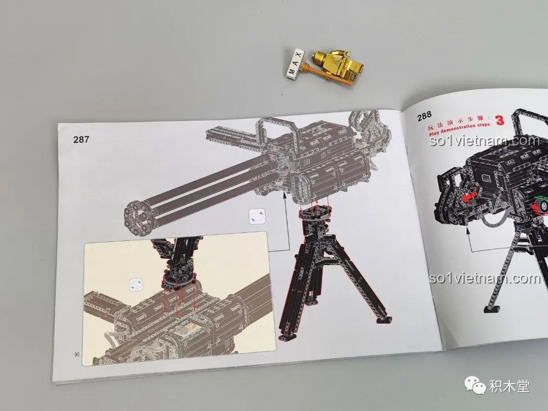 Trang cuối của sách hướng dẫn lắp ráp Súng Gatling Taigao Le T2036, hiển thị các bước hoàn thiện và cách vận hành tính năng động cơ của súng máy Gatling.