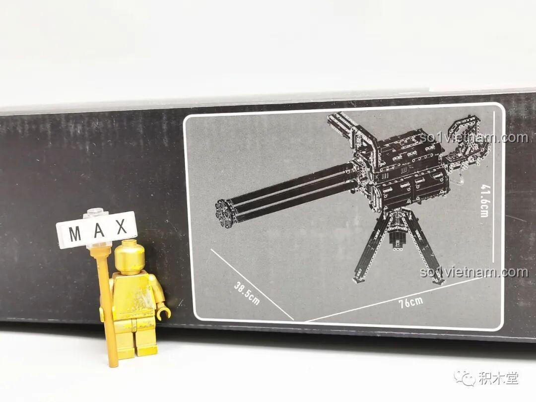 Thông số kích thước của mô hình súng Gatling Taigao Le T2036 (76 x 38.5 x 41.6 cm) được in trên hộp, cho thấy đây là một bộ đồ chơi lắp ráp lớn.