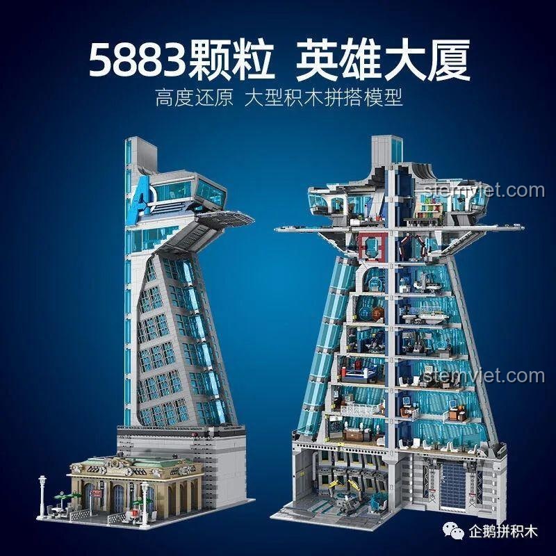 Hình ảnh tổng quan bộ đồ chơi lắp ráp Tòa Tháp Avengers Taige 55120 với 5883 chi tiết, thể hiện độ hoành tráng và chi tiết của mô hình.