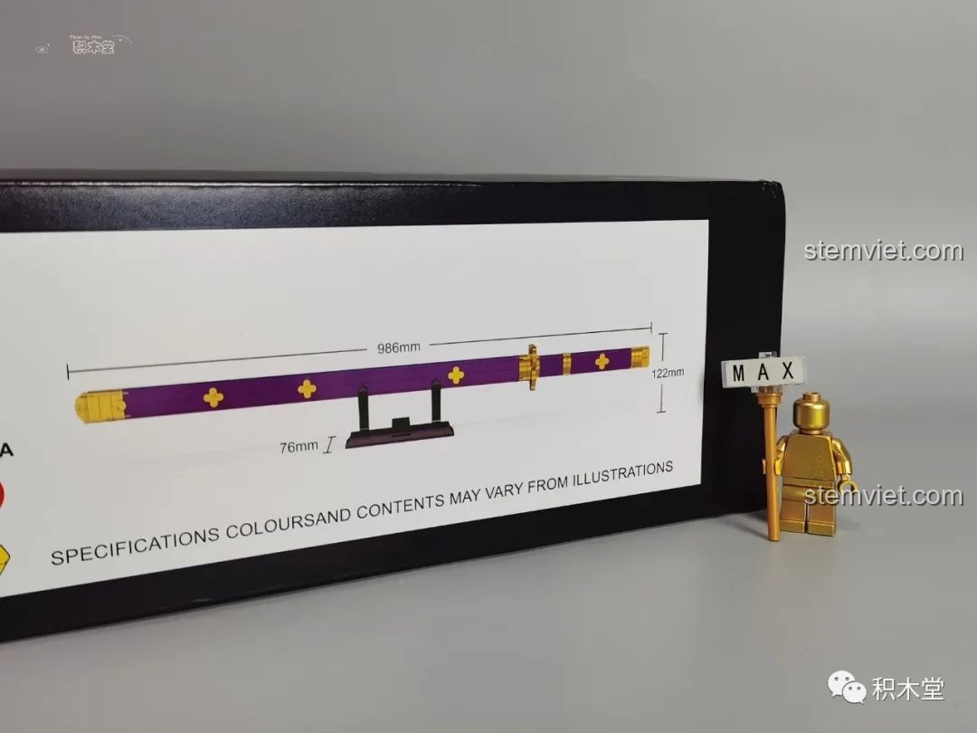 Kích thước chi tiết của mô hình Thanh kiếm Enma của Zoro TEC Creators 1502 được in trên hộp sản phẩm.