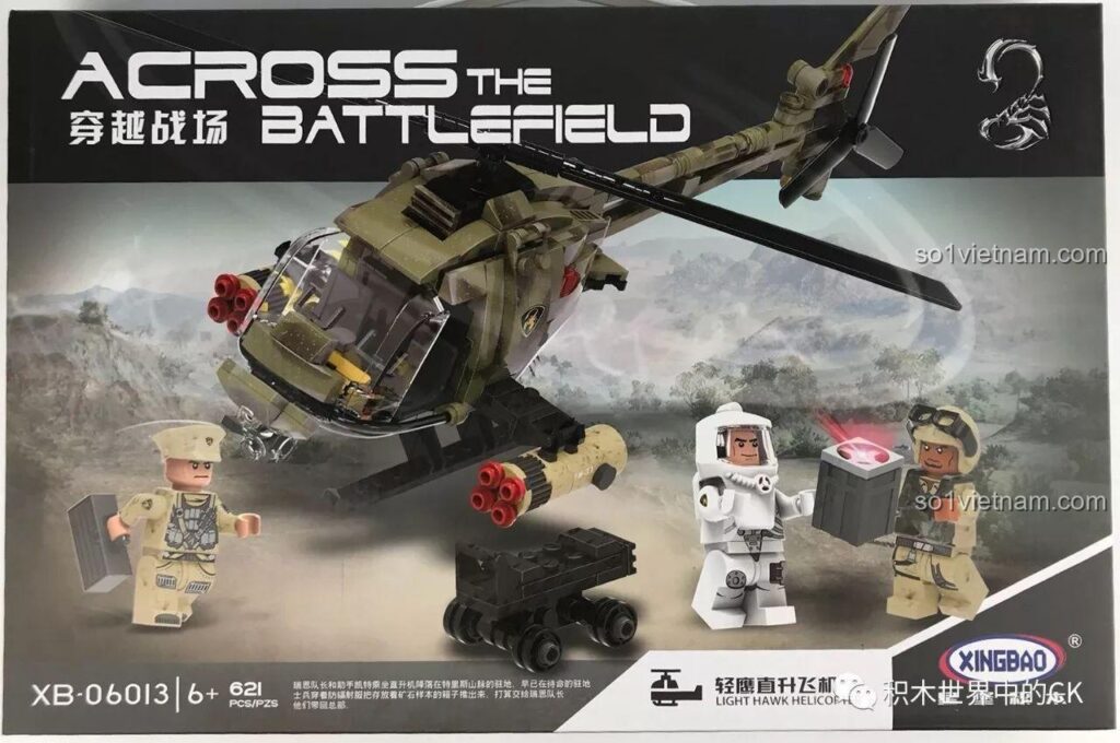 Hộp sản phẩm bộ lắp ghép Trực thăng quân sự Xingbao XB-06013 với hình ảnh trực thăng và minifigure, thu hút bé trai 8 tuổi.