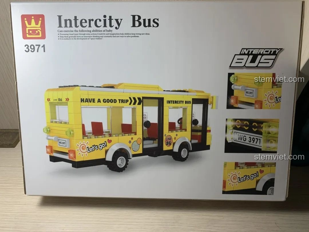 Mặt sau hộp Xe buýt liên tỉnh WANGE 3971, hiển thị các góc nhìn khác nhau của mô hình xe buýt.