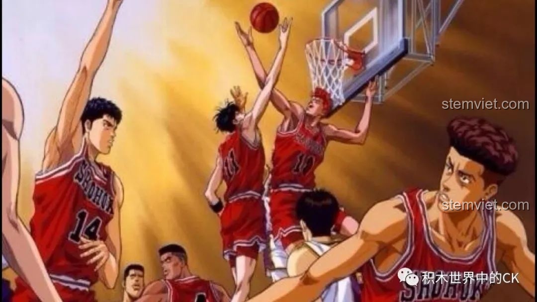 Hình ảnh anime Slam Dunk kinh điển với cảnh các cầu thủ bóng rổ đang thi đấu, gợi nhớ ký ức tuổi thơ.
