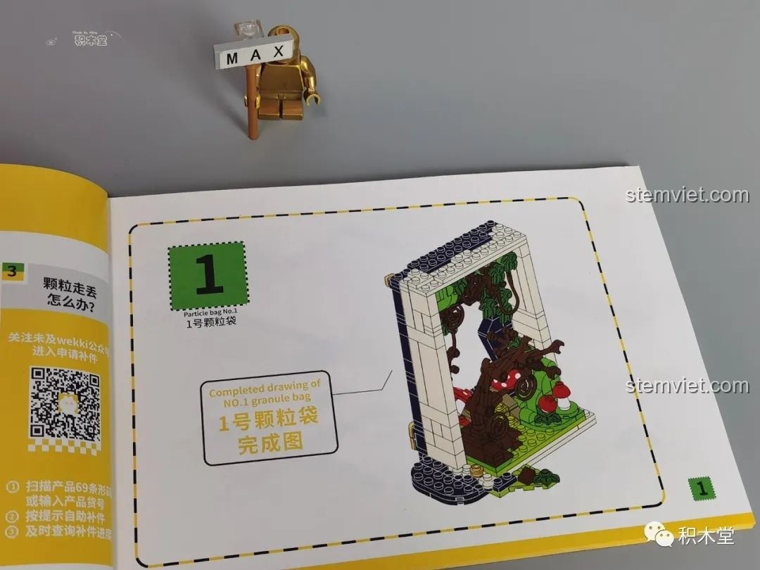 Trang hướng dẫn lắp ráp Wekki 506172 Sách truyện Alice ở xứ sở thần tiên, hiển thị bước 1 với hình ảnh minh họa rõ ràng.