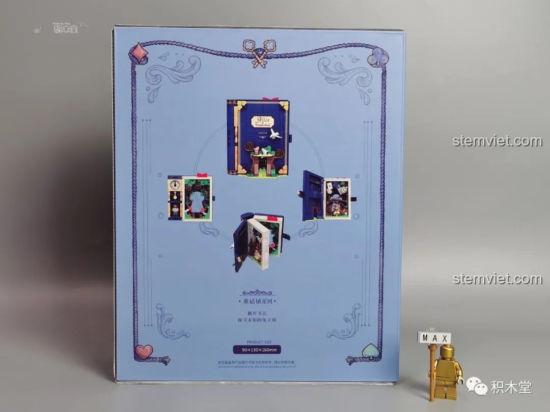 Mặt sau hộp đồ chơi lắp ráp Wekki 506172 Sách truyện Alice ở xứ sở thần tiên, hiển thị các góc độ của mô hình sách đã hoàn thiện.