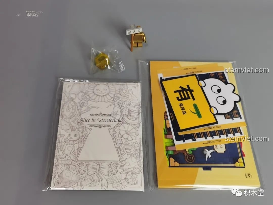 Các phụ kiện đi kèm bộ lắp ráp Wekki 506172 Sách truyện Alice ở xứ sở thần tiên, bao gồm phong bì, sách hướng dẫn và các tờ giấy khác.