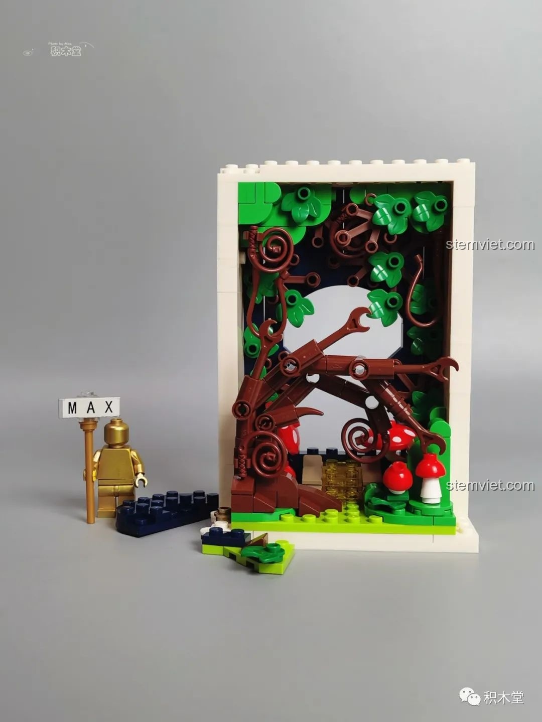 Quá trình lắp ráp bộ Wekki 506172 Sách truyện Alice ở xứ sở thần tiên, hình thành cảnh cây và nấm trong xứ sở thần tiên.