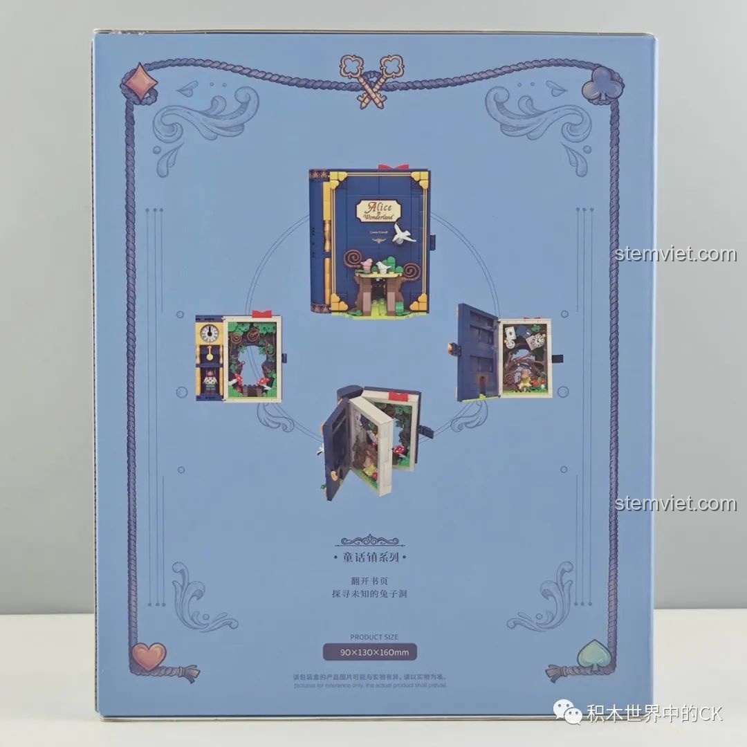 Mặt sau hộp đồ chơi lắp ráp Wekki 506172 Sách Truyện Alice ở Xứ Sở Thần Tiên, hiển thị các góc nhìn của mô hình sách đã hoàn thành.